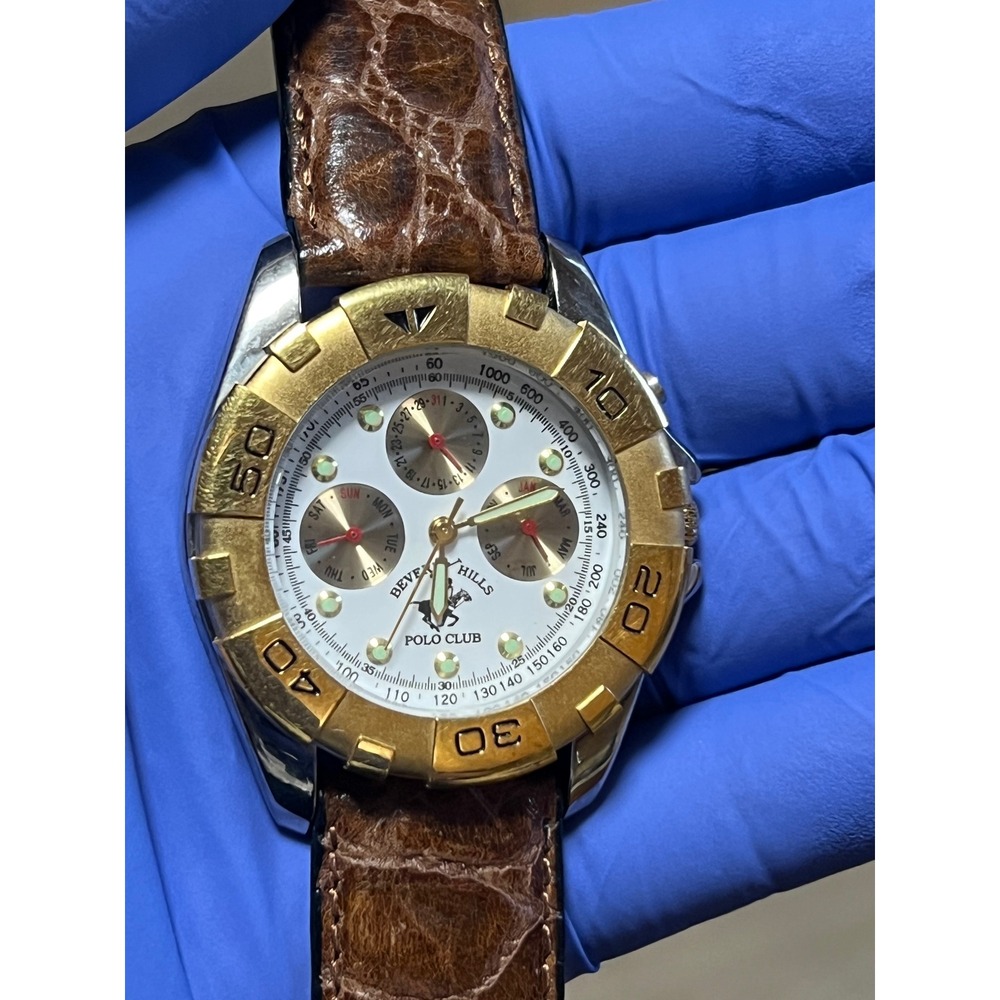 Beverly Hills Polo Club‎ Mens Watch Two Tone Gold Silver Brown Leather P-BIBA1